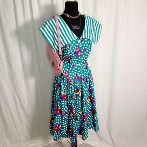 Vintage Alexander Campbell Teal Floral Polka Dot Dress- size 6